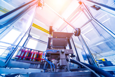 Automatic labeling machine during operation. Factory for the productionの写真素材