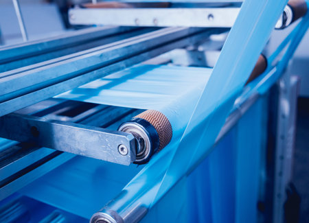 Modern automated production line in factory. Plastic bag manufacturing process