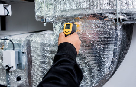 Technician use infrared thermal imaging camera to check temperature at fuse-box. Modern equipment