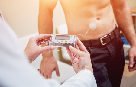 Doctor with an insulin pump connected in patient abdomen and holding the insulin pump at his hands....