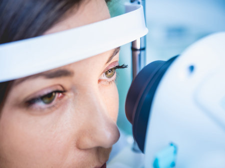 Doctor examining womans eyes with a measurement machine.