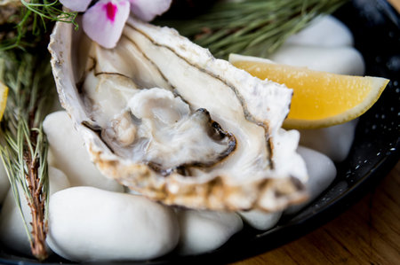 Fresh oysters on a plate with ice and flowers. Restaurant