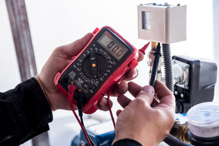 Technician checking water system nodes.Modern Industrial background