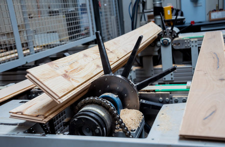 Production line of the wooden floor factory. CNC automatic woodworking machine.