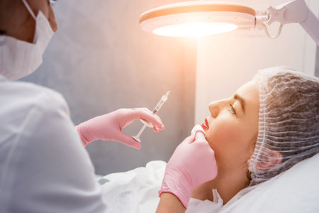 The doctor cosmetologist makes the facial injections procedure.