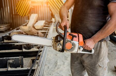 Woodcutter cutting tree with chainsaw on sawmill.の写真素材