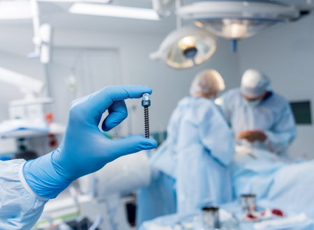 Spinal surgery. Surgeon show polyaxial screw in operating room