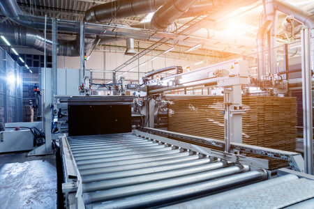 Production line of the wooden floor factory. CNC automatic woodworking machine. Industrial...
