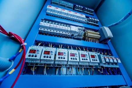 Voltage switchboard with circuit breakers. Electrical background