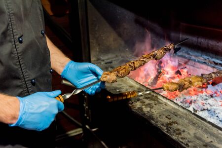 Delicious beef and pork barbecue on grill. Georgian restaurant.の写真素材