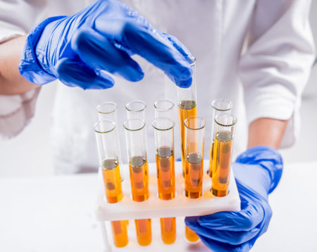 Scientist pouring organic oil. Beauty and cosmetics sciences. Laboratory equipment. White background