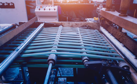 Modern automated production line in factory. Plastic bag manufacturing process. Background