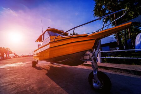 View of harbor with yachts details. Beautiful sunset sky in the marina bay. Backgroundの写真素材