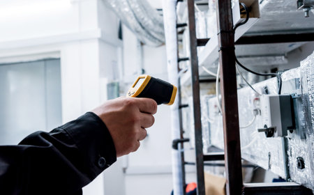 Technician use infrared thermal imaging camera to check temperature at fuse-box. Modern equipment