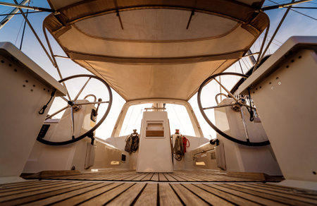 A modern speed boat yacht steering wheels.