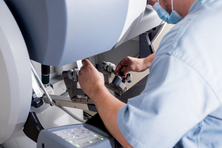 Modern surgical system. Medical robot. Minimally invasive robotic surgery. Medical background