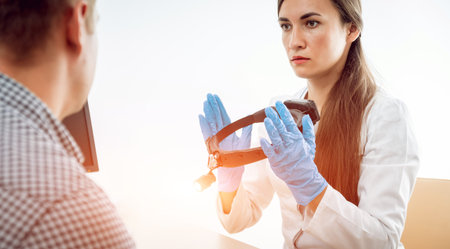 otolaryngologist holds a reflector in his hands. Medical equipment