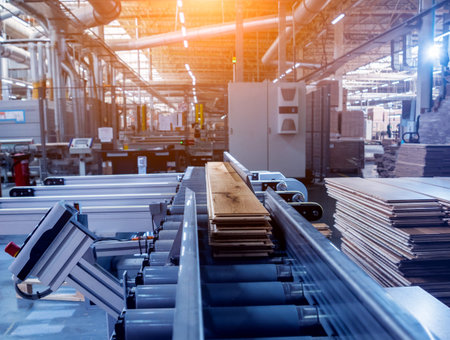 Production line of the wooden floor factory. CNC automatic woodworking machine. Industrial...