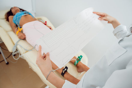 Doctor with electrocardiogram equipment making cardiogram test to patient in clinic. Diagnostic,...