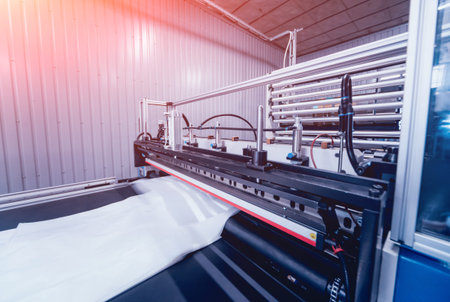 Modern automated production line in factory. Plastic bag manufacturing process. Background
