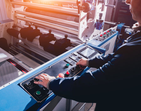 Modern automated production line in factory. Plastic bag manufacturing process