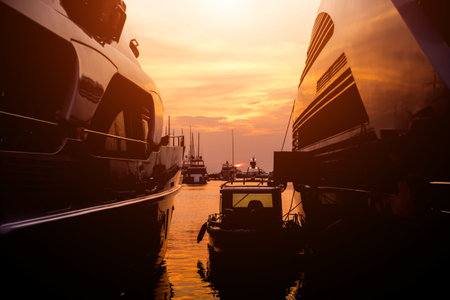 View of harbor with yachts details. Beautiful sunset sky in the marina bay.