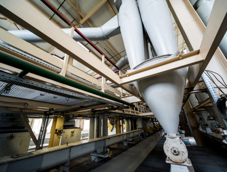 Interior of modern natural oil factory. The piping, pumps and motors. Industry background