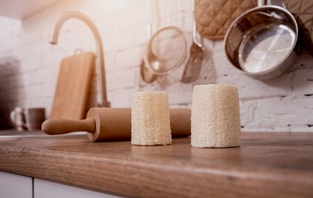 Bamboo natural eco washcloths. Zero waste conceptの写真素材