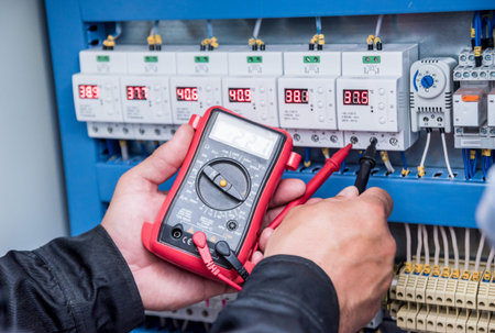 Electrical measurements with multimeter tester. Modern electrical background.