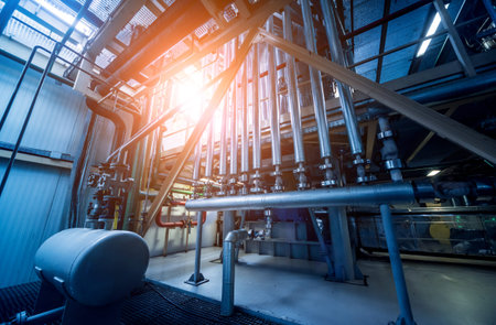 Interior of modern natural oil factory. The piping, pumps and motors