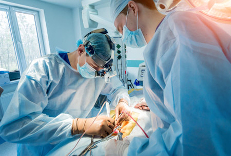 Spinal surgery. Group of surgeons in operating room with surgery equipment. Laminectomy. Modern...