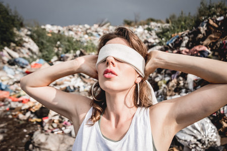 Blindfolded female volunteer in a landfill of plastic trash.