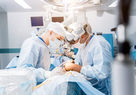 Spinal surgery. Group of surgeons in operating room with surgery equipment. Laminectomy. Modern...