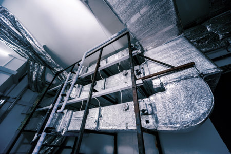 Ventilation pipe system indoors. Modern Industrial background.