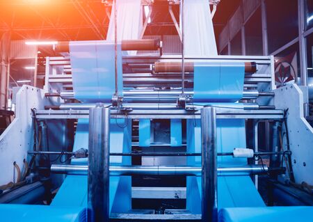 Modern automated production line in factory. Plastic bag manufacturing processの写真素材