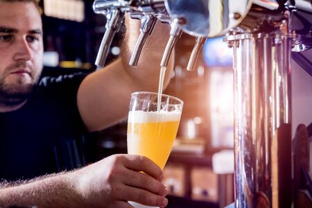 Bartender pouring draft beer at glasses in the bar. Restaurant.の写真素材