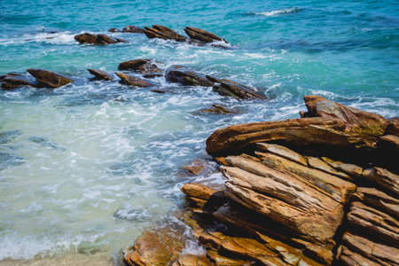 View of beautiful tropical beach with palms. Sand and stones. Caribbean sea.