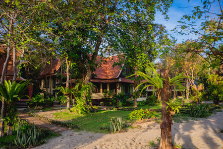 Swimming pool at exotic tropical resort. Exotic garden.の写真素材