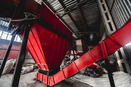 At modern recycling plant. Conveyor belt for transports garbage