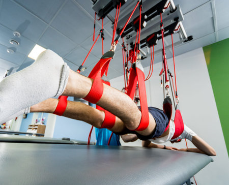 Physiotherapy. Suspension training therapy. Young man doing fitness traction