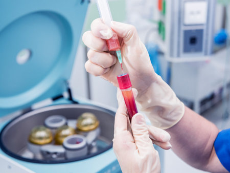 Platelet-Rich plasma preparation. Plasma in syringe. Centrifuge. Backgroundの写真素材