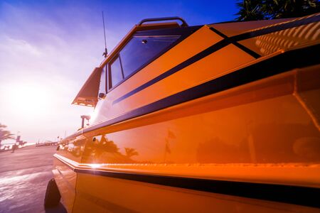 View of harbor with yachts details. Beautiful sunset sky in the marina bay.の写真素材