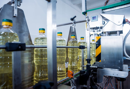 Bottling line of sunflower oil in bottles. Vegetable oil production plant. High technology....