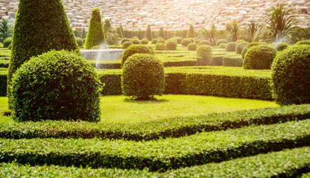 Luxury landscape design of the tropical garden. Beautiful view of landscaped tropical garden.