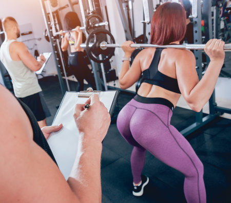 Fitness woman exercising with fitness trainer in gym.