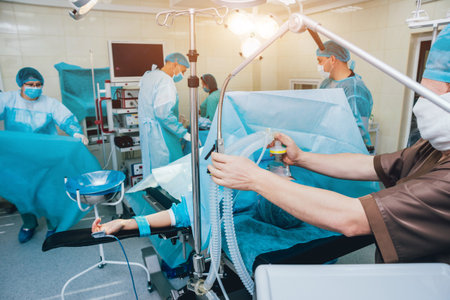 Pre oxygenation for general anesthesia. Surgery equipment.