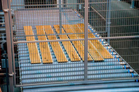 Production line of the wooden floor factory. CNC automatic woodworking machine. Industrial...