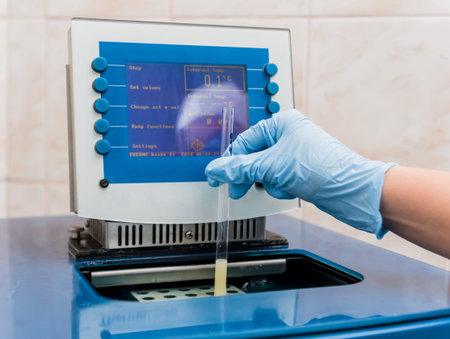 Natural oil quality control. In the industrial laboratory.