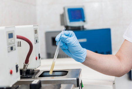 Natural oil quality control. In the industrial laboratory.