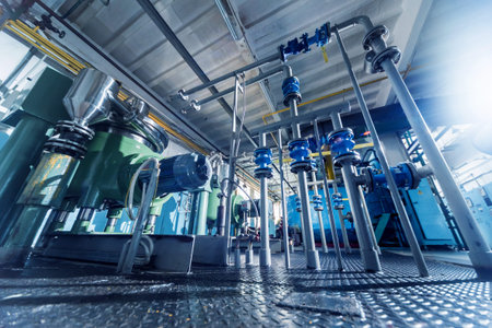 Interior of modern natural oil factory. The piping, pumps and motors